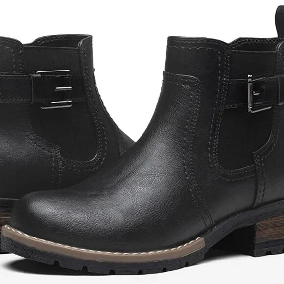 Black Ankle Boots 8.5 - 9 Booties Shoes Moto Short Chelsea Low Heel Faux Leather - Picture 2 of 7